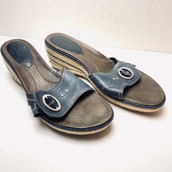 CLARKS ARTISAN Navy Leather Espadrille Sandals 11 - Picture 1 of 12